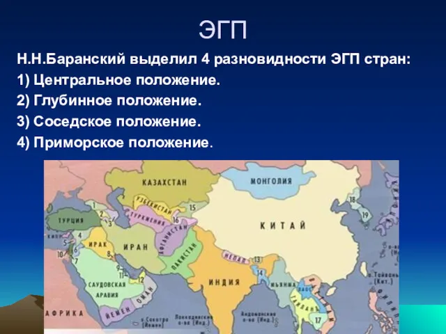 ЭГП Н.Н.Баранский выделил 4 разновидности ЭГП стран: 1) Центральное положение.