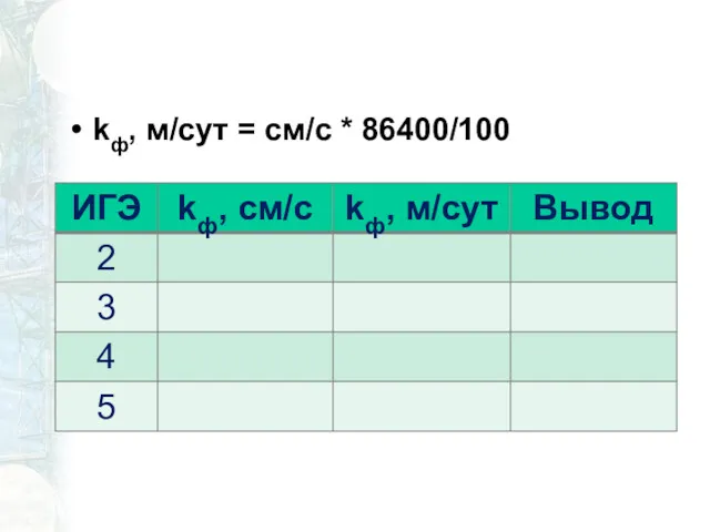 kф, м/сут = см/с * 86400/100