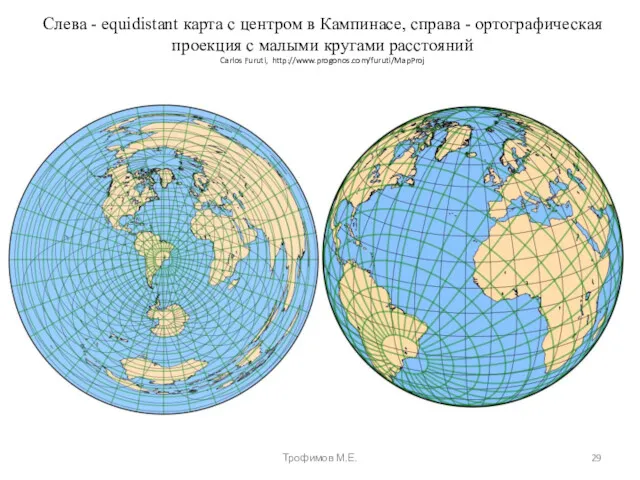 Слева - equidistant карта с центром в Кампинасе, справа - ортографическая проекция с