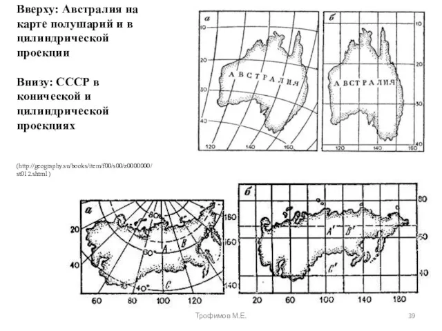 Вверху: Австралия на карте полушарий и в цилиндрической проекции Внизу: СССР в конической