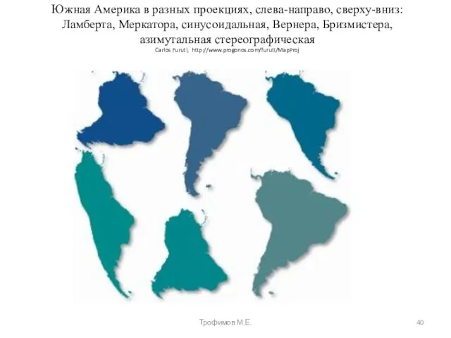 Южная Америка в разных проекциях, слева-направо, сверху-вниз: Ламберта, Меркатора, синусоидальная, Вернера, Бризмистера, азимутальная