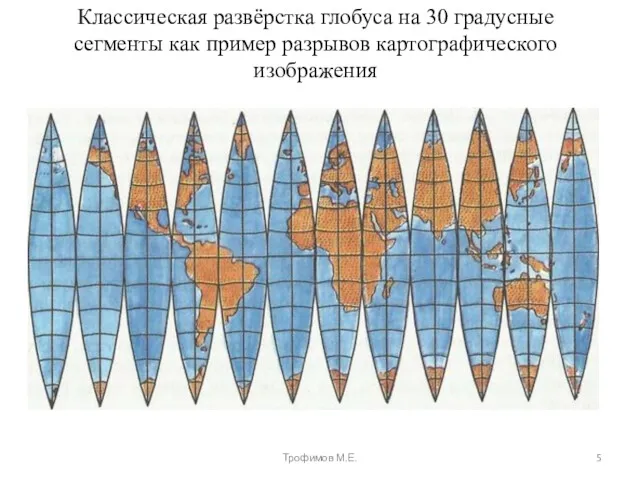 Классическая развёрстка глобуса на 30 градусные сегменты как пример разрывов картографического изображения Трофимов М.Е.