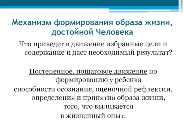 Механизм формирования образа жизни, достойной Человека Что приведет в движение