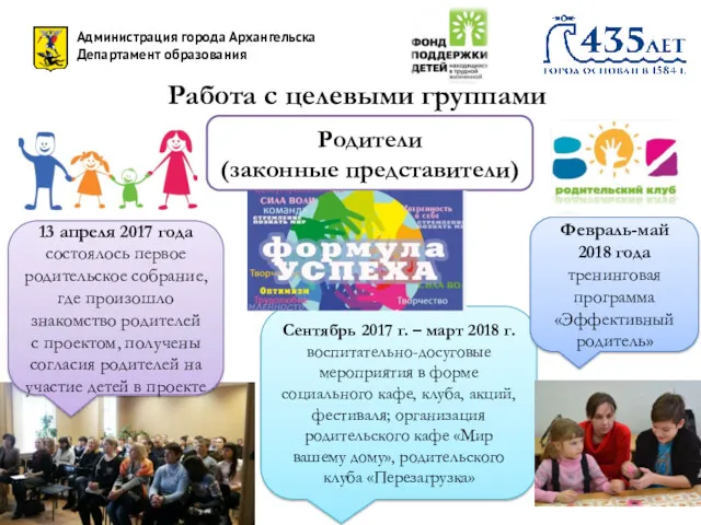 Администрация города Архангельска Департамент образования Работа с целевыми группами Родители (законные представители) 13