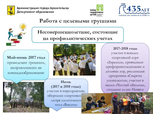 Администрация города Архангельска Департамент образования Работа с целевыми группами Несовершеннолетние, состоящие на профилактических