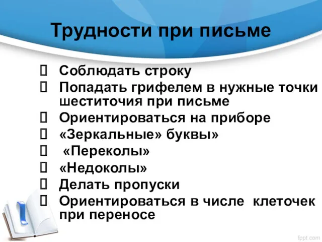 Трудности при письме Соблюдать строку Попадать грифелем в нужные точки