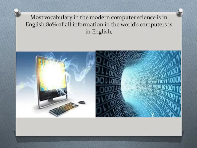Most vocabulary in the modern computer science is in English.80% of all information
