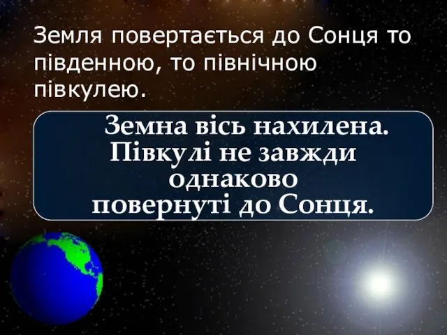 Земля повертається до Сонця то південною, то північною півкулею. Земна