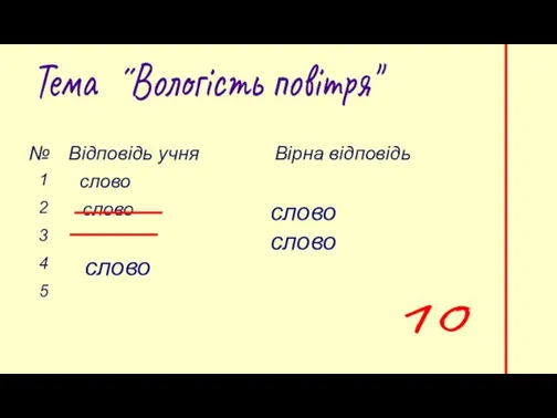 Тема ˝Вологість повітря" 10 слово слово слово