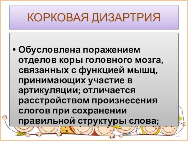 КОРКОВАЯ ДИЗАРТРИЯ Обусловлена поражением отделов коры головного мозга, связанных с