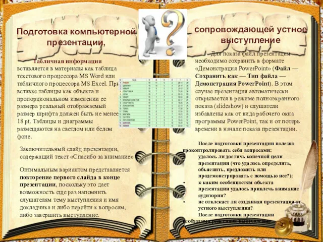 Подготовка компьютерной презентации, сопровождающей устное выступление Табличная информация вставляется в материалы как таблица