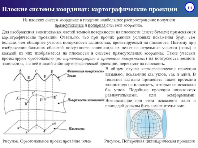 Плоские системы координат: картографические проекции Для изображения значительных частей земной