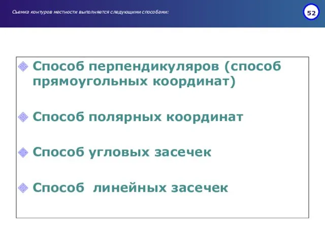 Съемка контуров местности выполняется следующими способами: Способ перпендикуляров (способ прямоугольных