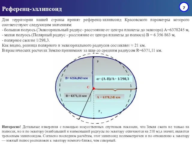 Референц-эллипсоид Для территории нашей страны принят референц-эллипсоид Красовского параметры которого