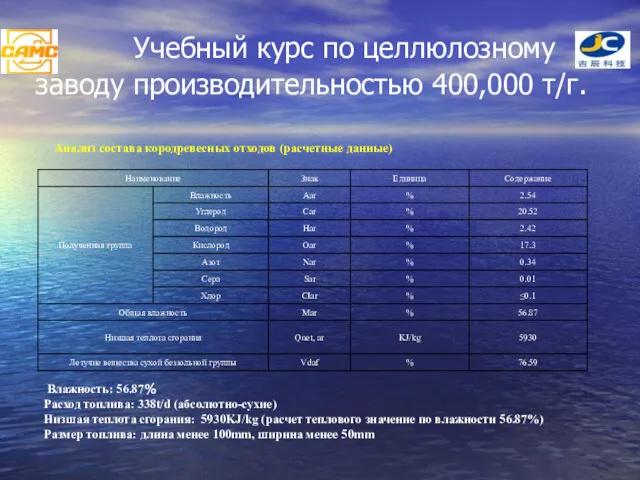 Учебный курс по целлюлозному заводу производительностью 400,000 т/г. Анализ состава