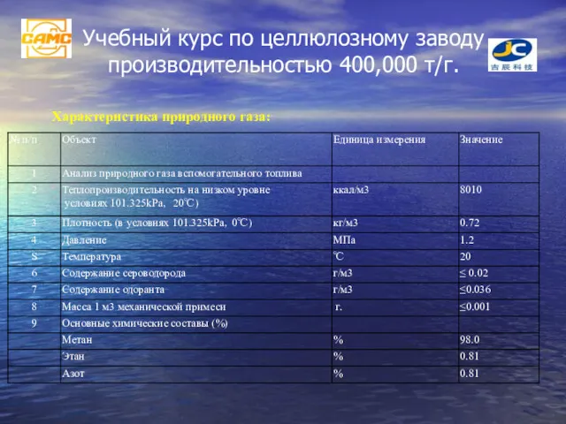 Учебный курс по целлюлозному заводу производительностью 400,000 т/г. Характеристика природного газа: