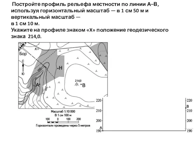 Постройте профиль рельефа местности по линии А–В, используя горизонтальный масштаб — в 1