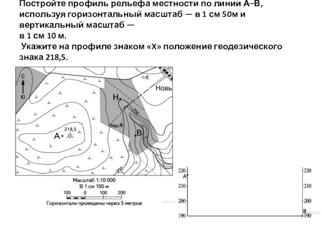 Постройте профиль рельефа местности по линии А–В, используя горизонтальный масштаб