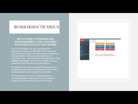 ВОЗМОЖНОСТИ SIRIUS ИНТЕГРАЦИЯ СТОРОННИХ ВЕБ-ПРИЛОЖЕНИЙ В СУЩЕСТВУЮЩЕЕ ПОЛЬЗОВАТЕЛЬСКОЕ ОКРУЖЕНИЕ. Если