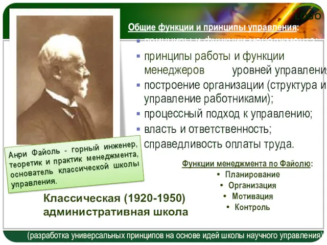 (разработка универсальных принципов на основе идей школы научного управления) Общие