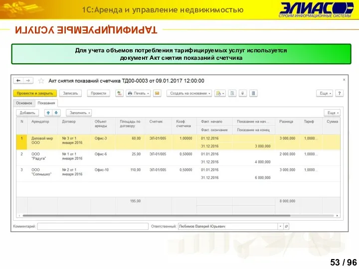 ТАРИФИЦИРУЕМЫЕ УСЛУГИ 1С:Аренда и управление недвижимостью Для учета объемов потребления