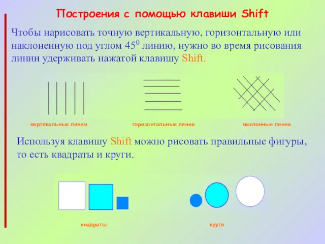 Построения с помощью клавиши Shift Чтобы нарисовать точную вертикальную, горизонтальную