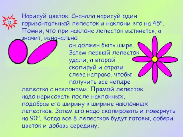 Нарисуй цветок. Сначала нарисуй один горизонтальный лепесток и наклони его