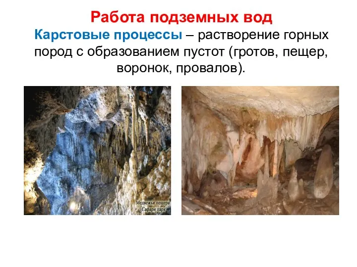 Работа подземных вод Карстовые процессы – растворение горных пород с образованием пустот (гротов, пещер, воронок, провалов).
