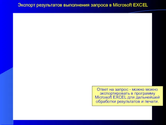 Экспорт результатов выполнения запроса в Microsoft EXCEL Ответ на запрос