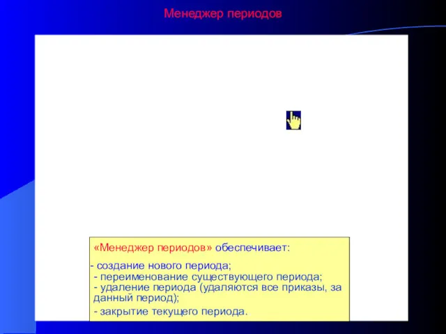 Менеджер периодов «Менеджер периодов» обеспечивает: создание нового периода; - переименование