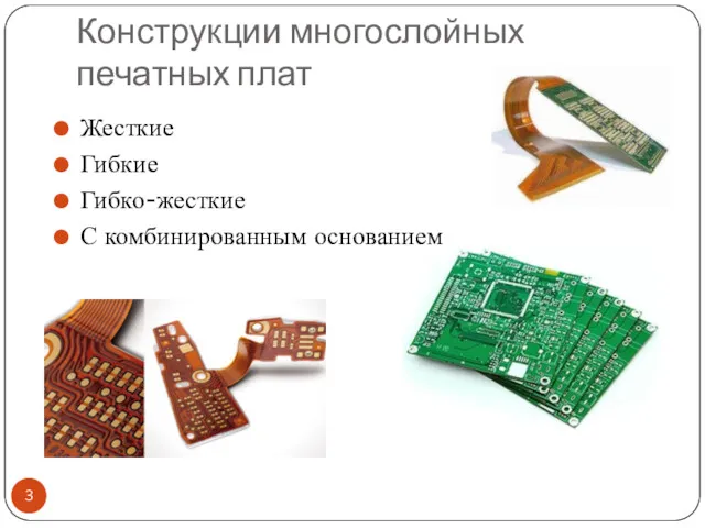 Конструкции многослойных печатных плат Жесткие Гибкие Гибко-жесткие С комбинированным основанием