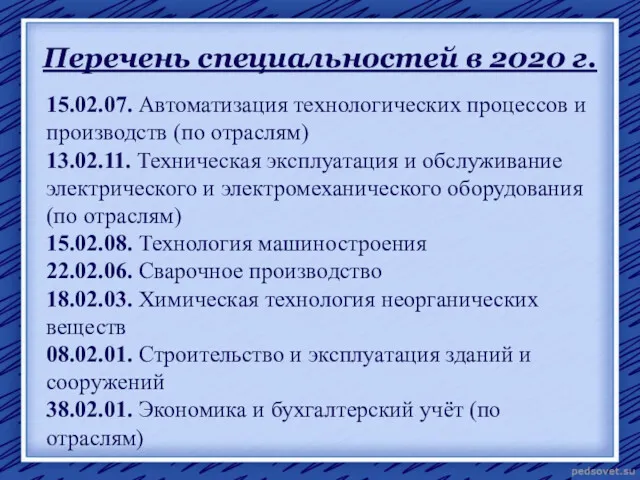 Перечень специальностей в 2020 г. 15.02.07. Автоматизация технологических процессов и