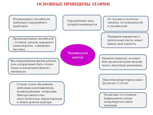 Человеческий капитал ОСНОВНЫЕ ПРИНЦИПЫ ТЕОРИИ Потенциальные способности, требующие поддержания и