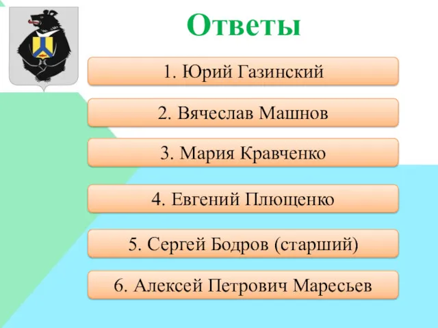 Ответы 1. Юрий Газинский 2. Вячеслав Машнов 3. Мария Кравченко