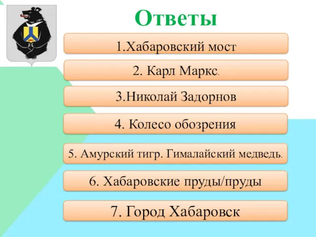 Ответы 1.Хабаровский мост . 2. Карл Маркс. 3.Николай Задорнов 4.
