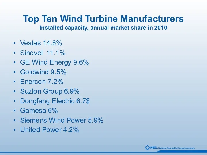 Top Ten Wind Turbine Manufacturers Installed capacity, annual market share