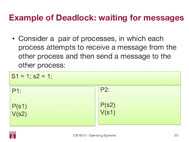 Example of Deadlock: waiting for messages Consider a pair of