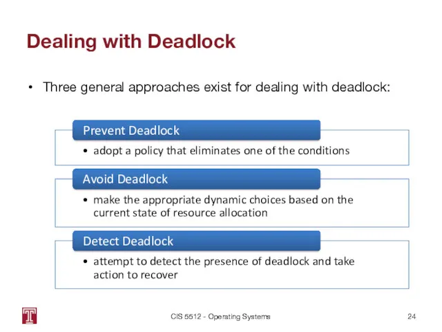 Dealing with Deadlock Three general approaches exist for dealing with deadlock: CIS 5512 - Operating Systems