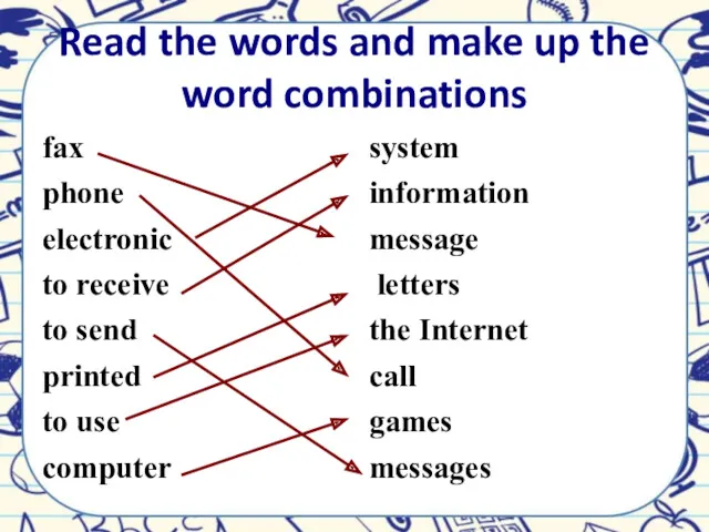 Read the words and make up the word combinations fax phone electronic to