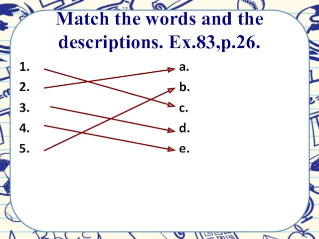 Match the words and the descriptions. Ex.83,p.26. 1. 2. 3. 4. 5. a.