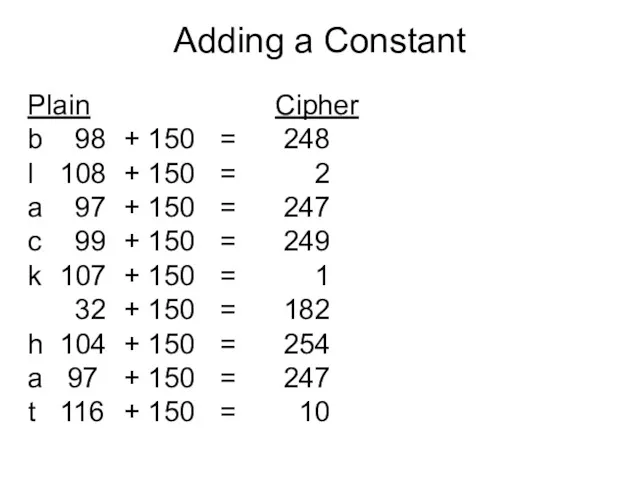 Adding a Constant Plain Cipher b 98 + 150 =