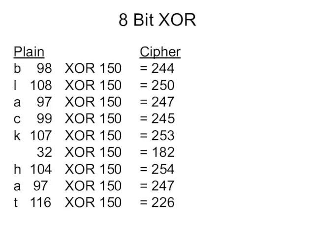 8 Bit XOR Plain Cipher b 98 XOR 150 =