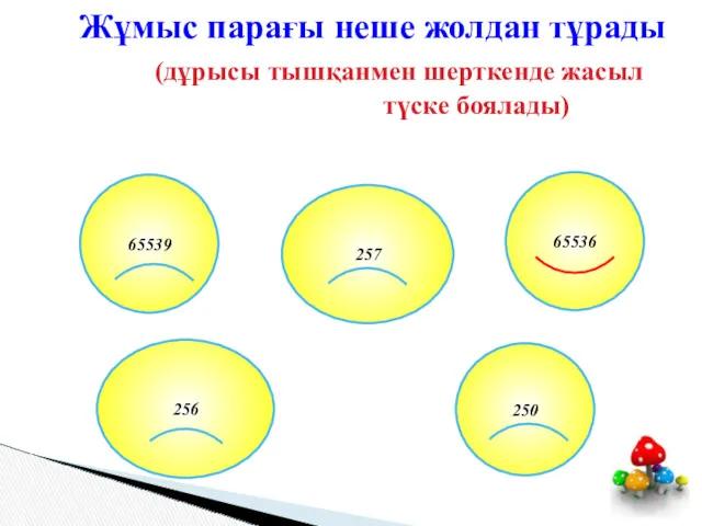 Жұмыс парағы неше жолдан тұрады (дұрысы тышқанмен шерткенде жасыл түске боялады) 65536 65539 257 256 250