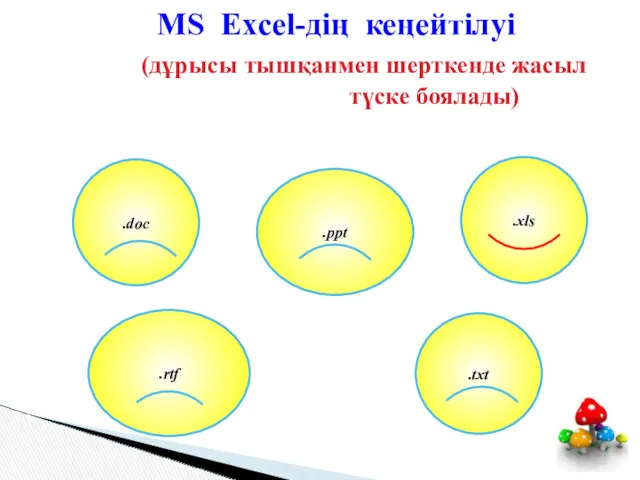 MS Excel-дің кеңейтілуі (дұрысы тышқанмен шерткенде жасыл түске боялады) .xls .doc .ppt .rtf .txt