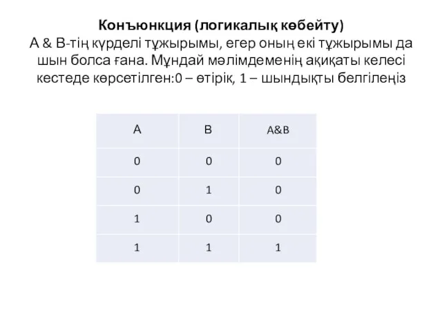 Конъюнкция (логикалық көбейту) А & В-тің күрделі тұжырымы, егер оның