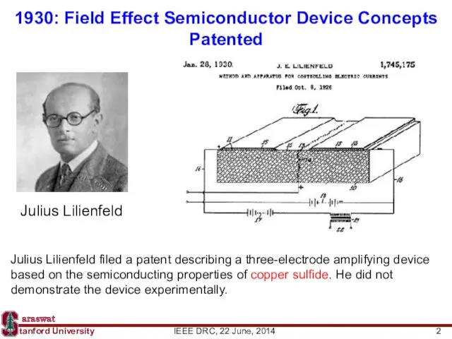 1930: Field Effect Semiconductor Device Concepts Patented Julius Lilienfeld filed