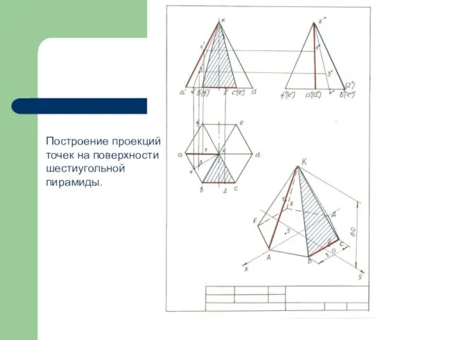 Построение проекций точек на поверхности шестиугольной пирамиды.