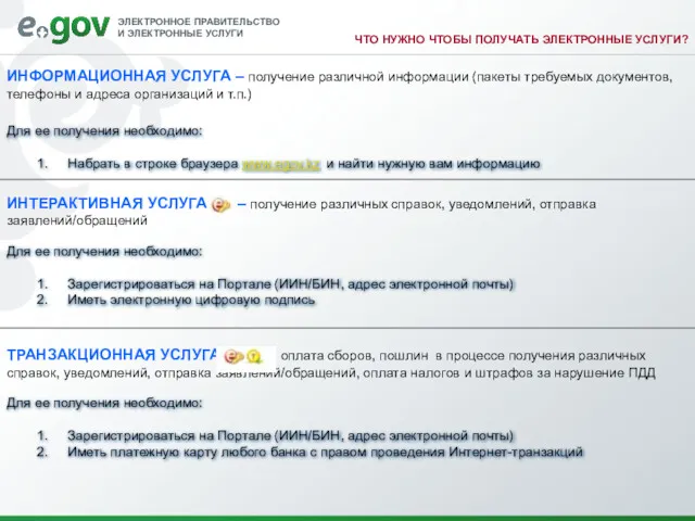 ЧТО НУЖНО ЧТОБЫ ПОЛУЧАТЬ ЭЛЕКТРОННЫЕ УСЛУГИ? Для ее получения необходимо: Набрать в строке