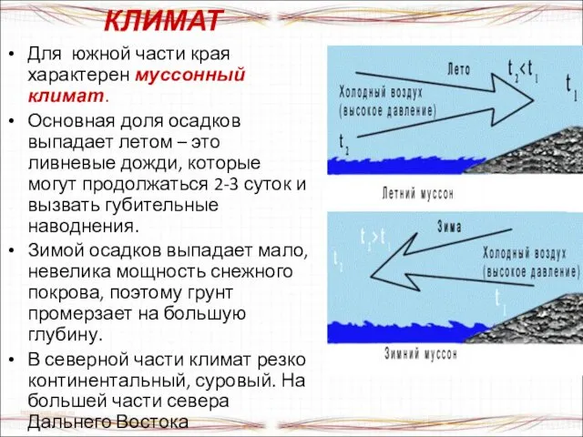 КЛИМАТ Для южной части края характерен муссонный климат. Основная доля осадков выпадает летом