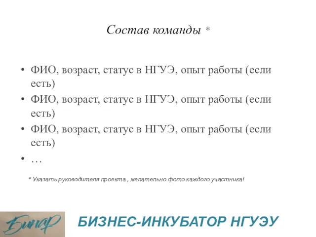 Состав команды * ФИО, возраст, статус в НГУЭ, опыт работы